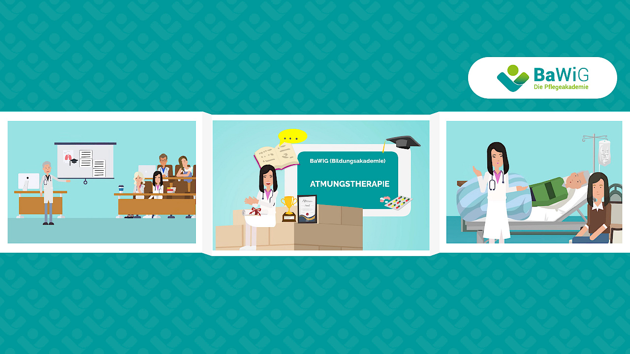 Illustration einer Pflegefachkraft in Weiterbildung bei der BaWiG Bildungsakademie mit Unterrichtsszene, Atmungstherapie und Versorgung eines Patienten.